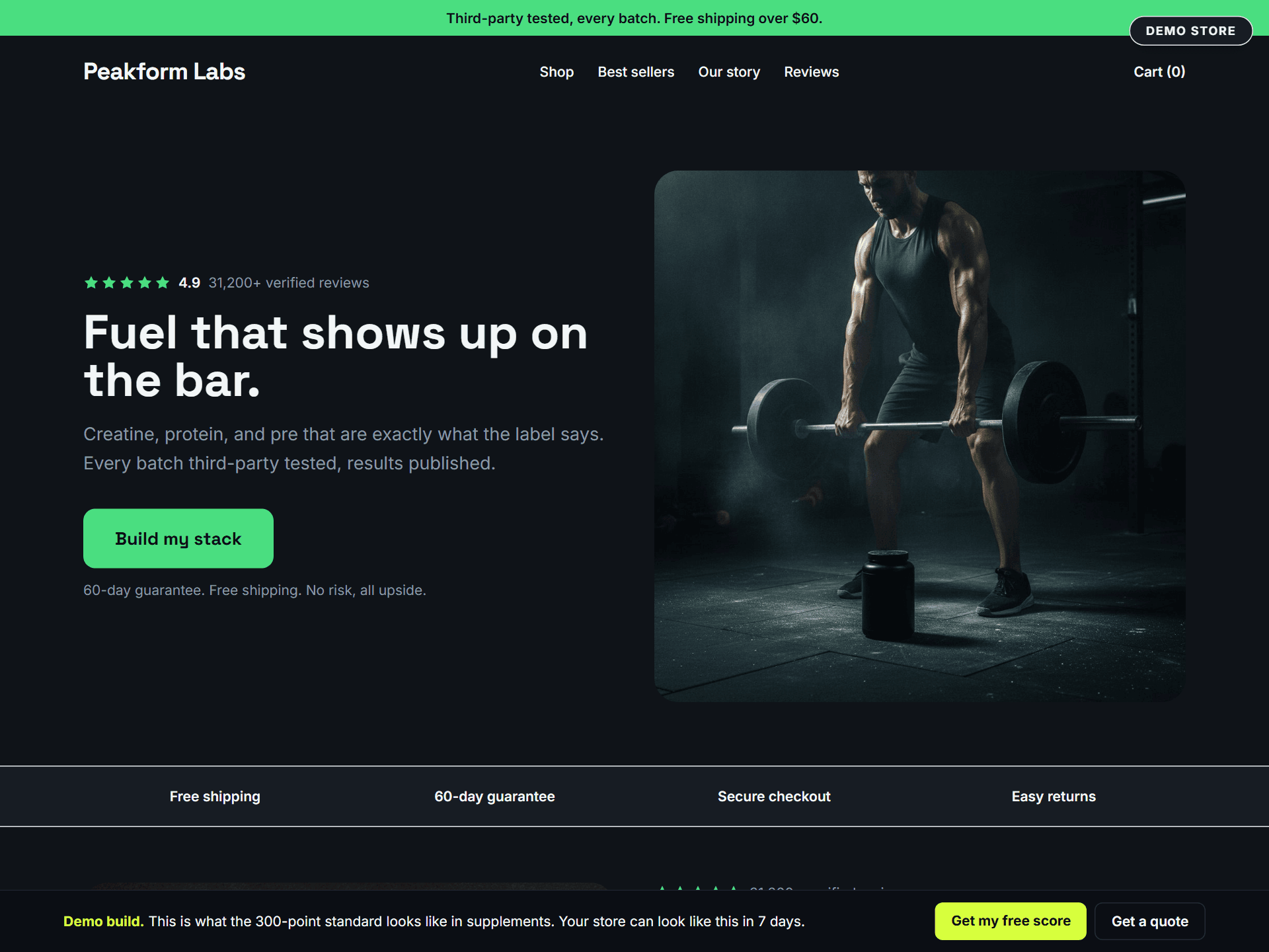 Peakform Labs demo storefront, built to the standard